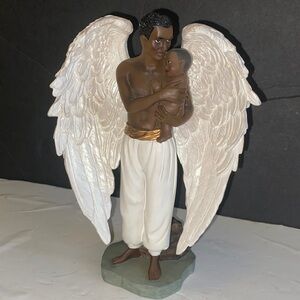African-American angel guardian. Angel Figurine with Child - White and Gold